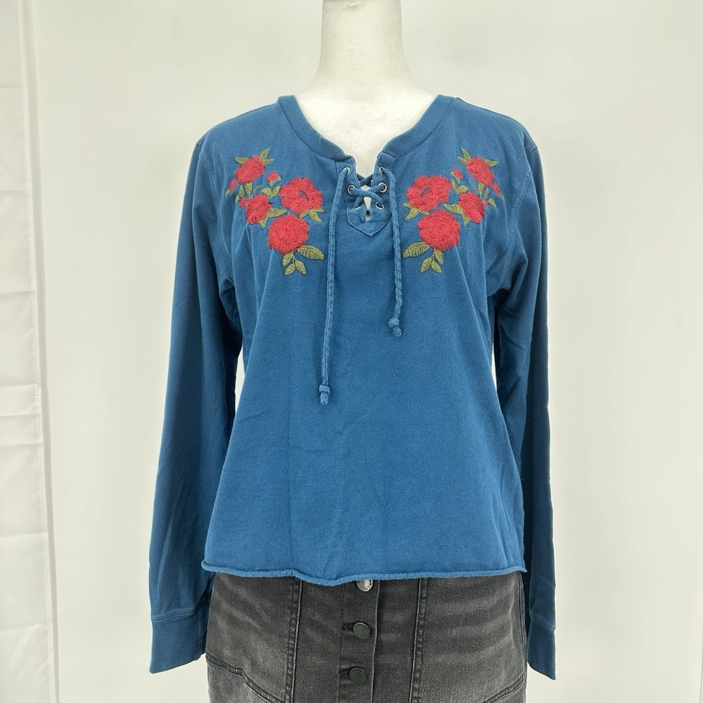 Hollister Y2K Floral Embroidered Lace-Up Top‎ S Blue Long Sleeve Boho Fairycore